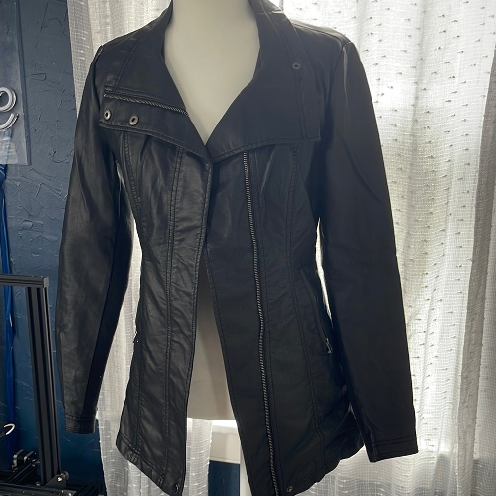 Women's faux leather black long line jacket